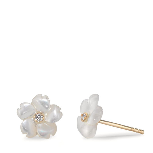 Stud earrings 9k Yellow Gold Zirconia 2 Stones Mother of pearl Flower Ø8 mm