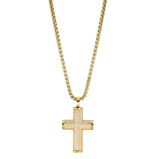 Necklace with pendant Stainless steel Zirconia 75 Stones Yellow IP coated Cross 55 cm