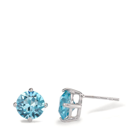 Stud earrings Silver Zirconia Aqua, 2 Stones Rhodium plated Ø8 mm