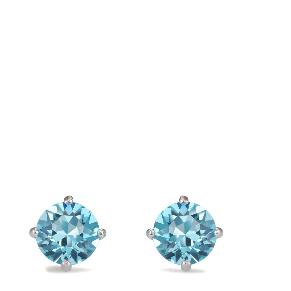 Stud earrings Silver Zirconia Aqua, 2 Stones Rhodium plated Ø8 mm