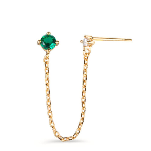 Single stud earring Bronze Zirconia Green, 2 Stones Gold plated