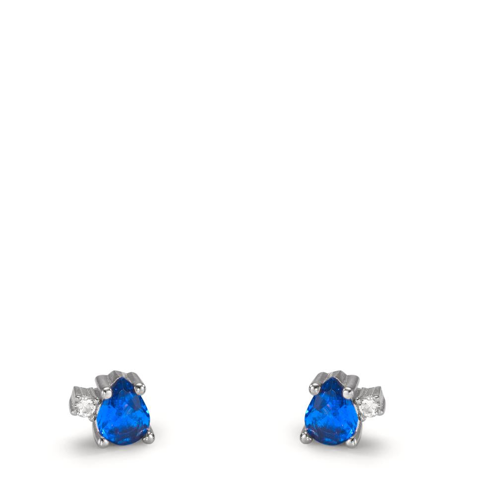 Stud earrings Silver Zirconia Sapphire blue, 4 Stones Rhodium plated Ø4 mm