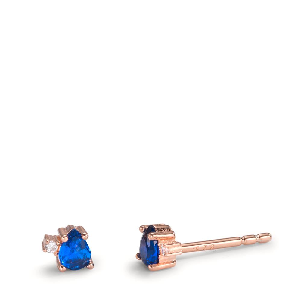 Stud earrings Silver Zirconia Sapphire blue, 4 Stones Rose Gold plated Ø4 mm