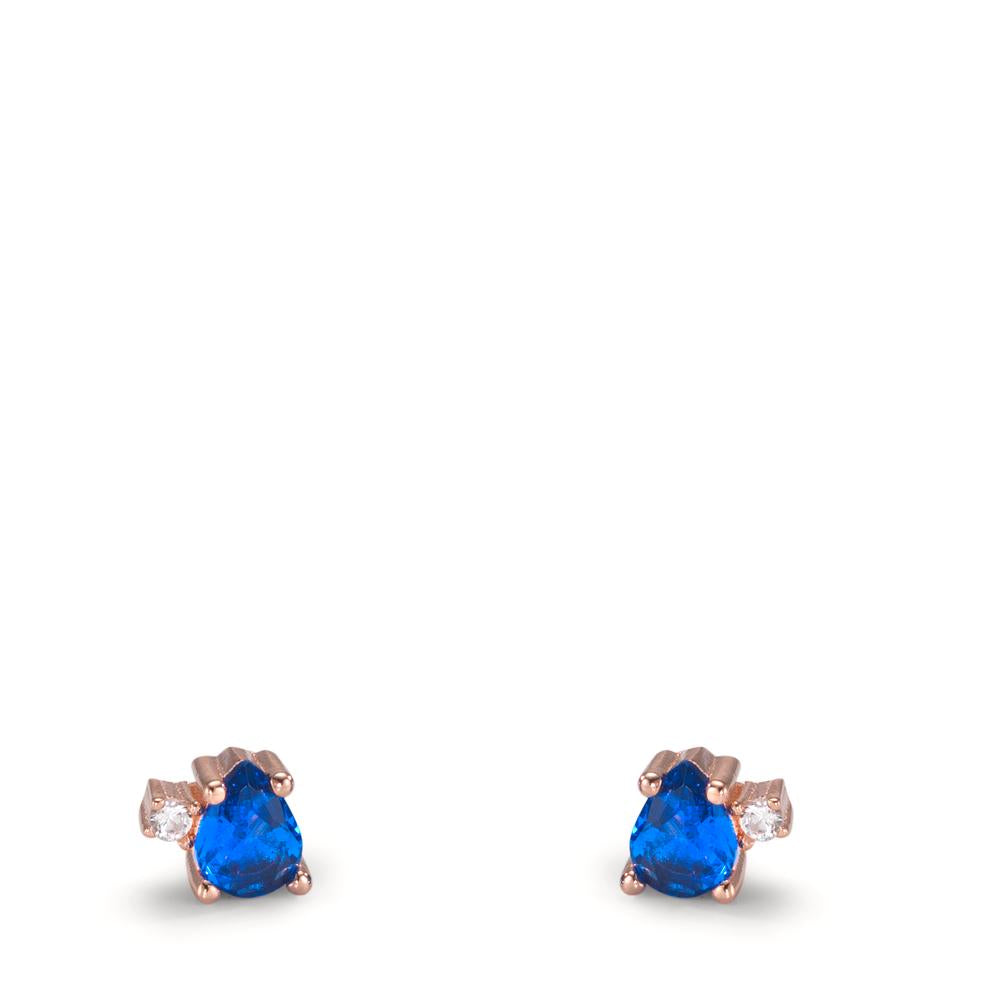 Stud earrings Silver Zirconia Sapphire blue, 4 Stones Rose Gold plated Ø4 mm