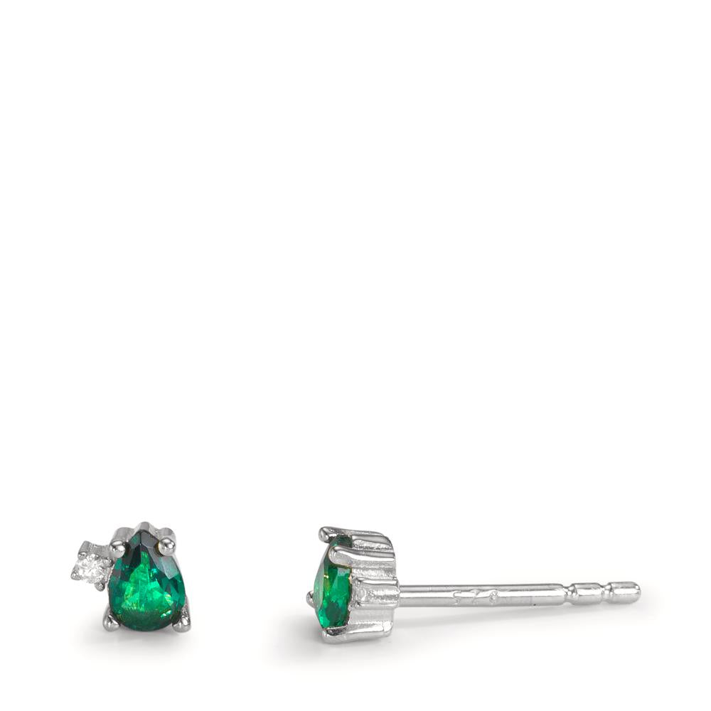 Stud earrings Silver Zirconia Green, 4 Stones Rhodium plated Ø4 mm