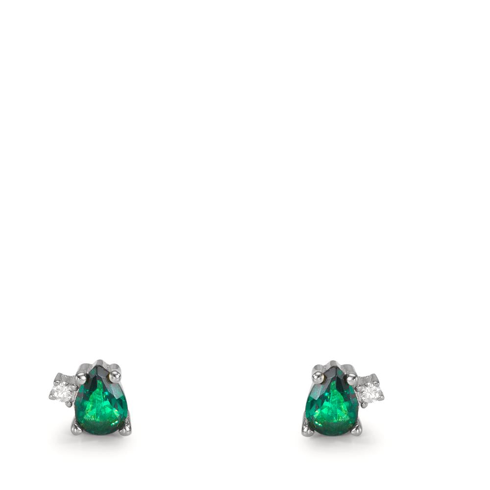 Stud earrings Silver Zirconia Green, 4 Stones Rhodium plated Ø4 mm