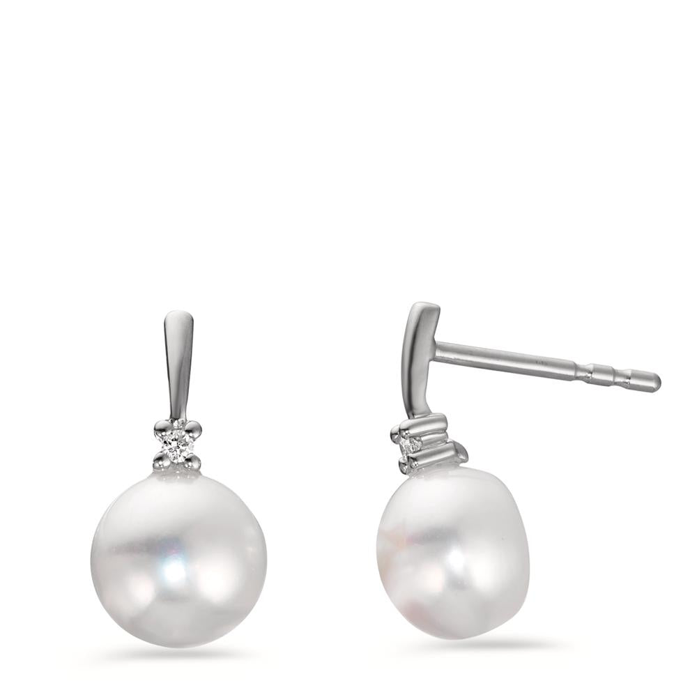 Stud earrings 18k White Gold Diamond 0.02 ct, 2 Stones, w-pi1 Freshwater pearl