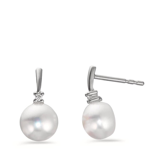 Stud earrings 18k White Gold Diamond 0.02 ct, 2 Stones, w-pi1 Freshwater pearl