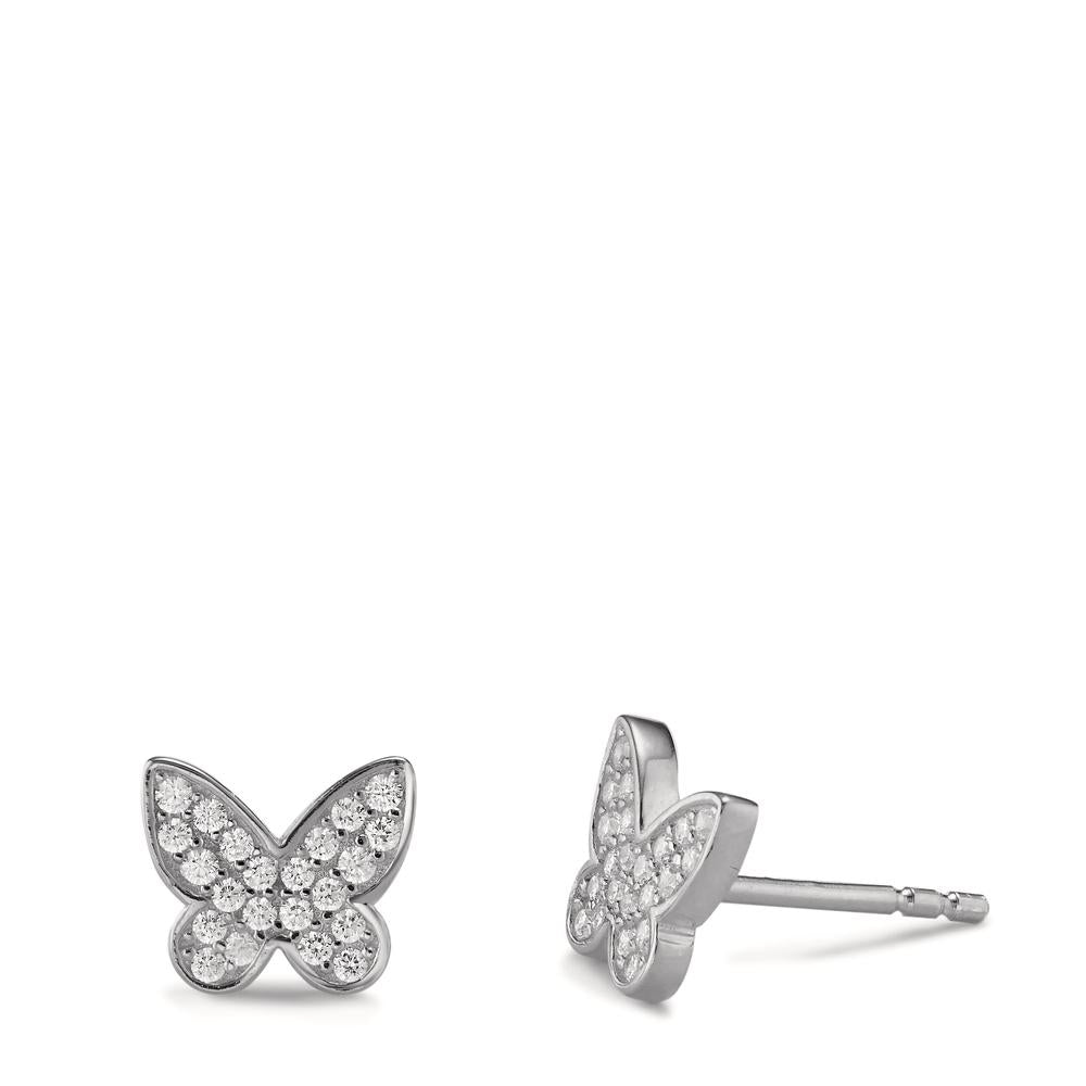 Stud earrings Silver Zirconia Rhodium plated Butterfly Ø7 mm