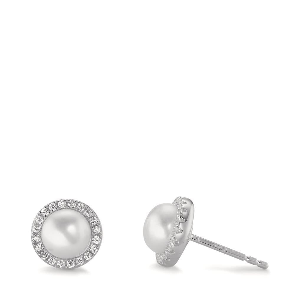 Stud earrings Silver Zirconia Rhodium plated Freshwater pearl Ø9 mm