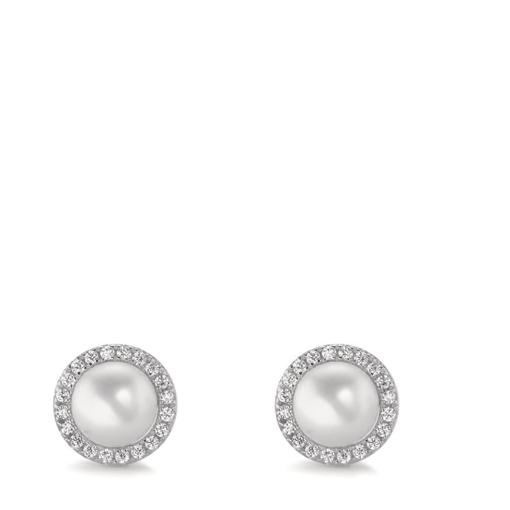 Stud earrings Silver Zirconia Rhodium plated Freshwater pearl Ø9 mm