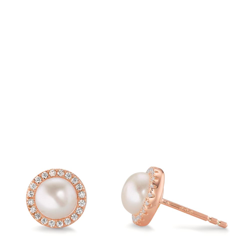 Stud earrings Silver Zirconia Rose Gold plated Freshwater pearl Ø9 mm