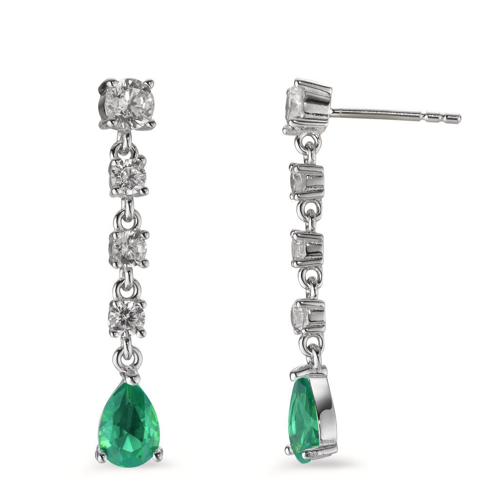 Drop Earrings Silver Zirconia Green, 10 Stones Rhodium plated