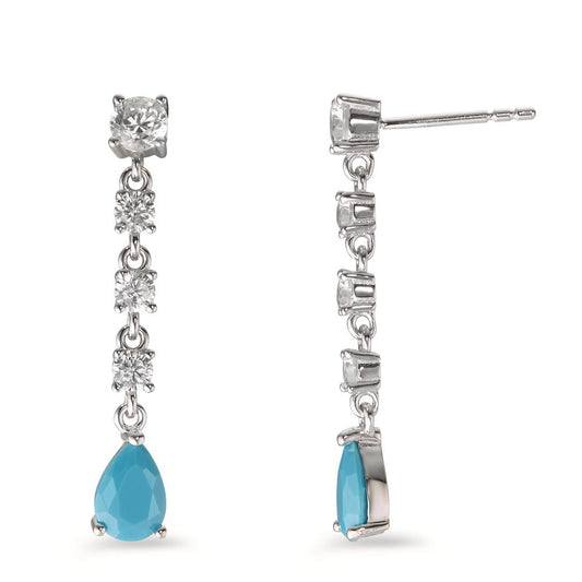 Drop Earrings Silver Zirconia Turquoise, 10 Stones Rhodium plated