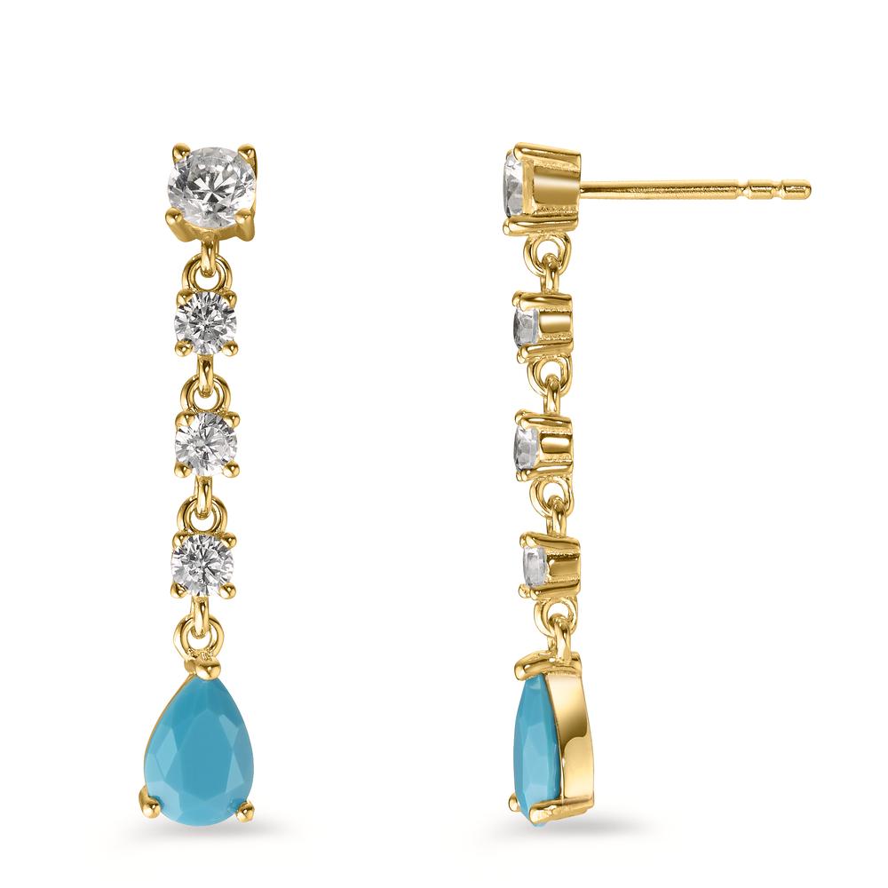 Drop Earrings Silver Zirconia Turquoise, 10 Stones Yellow Gold plated