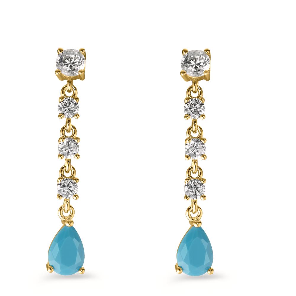 Drop Earrings Silver Zirconia Turquoise, 10 Stones Yellow Gold plated