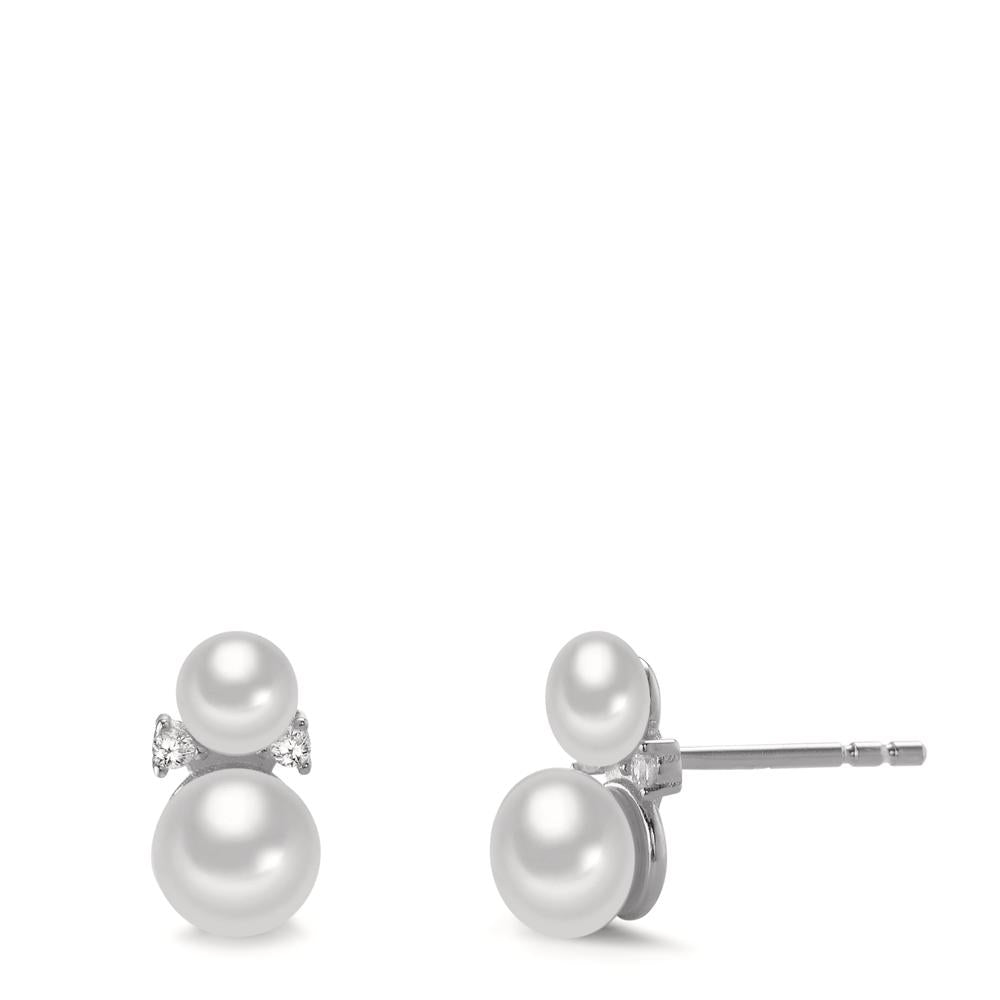 Stud earrings Silver Zirconia 4 Stones Rhodium plated Freshwater pearl