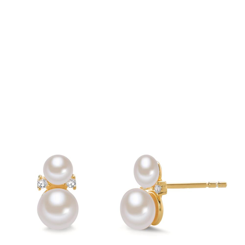 Stud earrings Silver Zirconia 4 Stones Yellow Gold plated Freshwater pearl