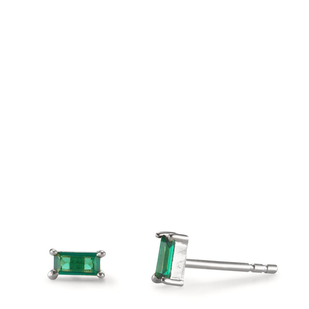 Stud earrings Silver Zirconia Green, 2 Stones Rhodium plated