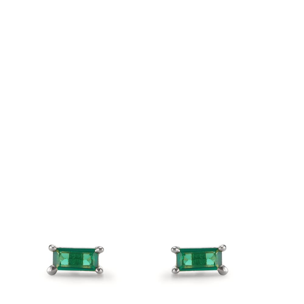 Stud earrings Silver Zirconia Green, 2 Stones Rhodium plated