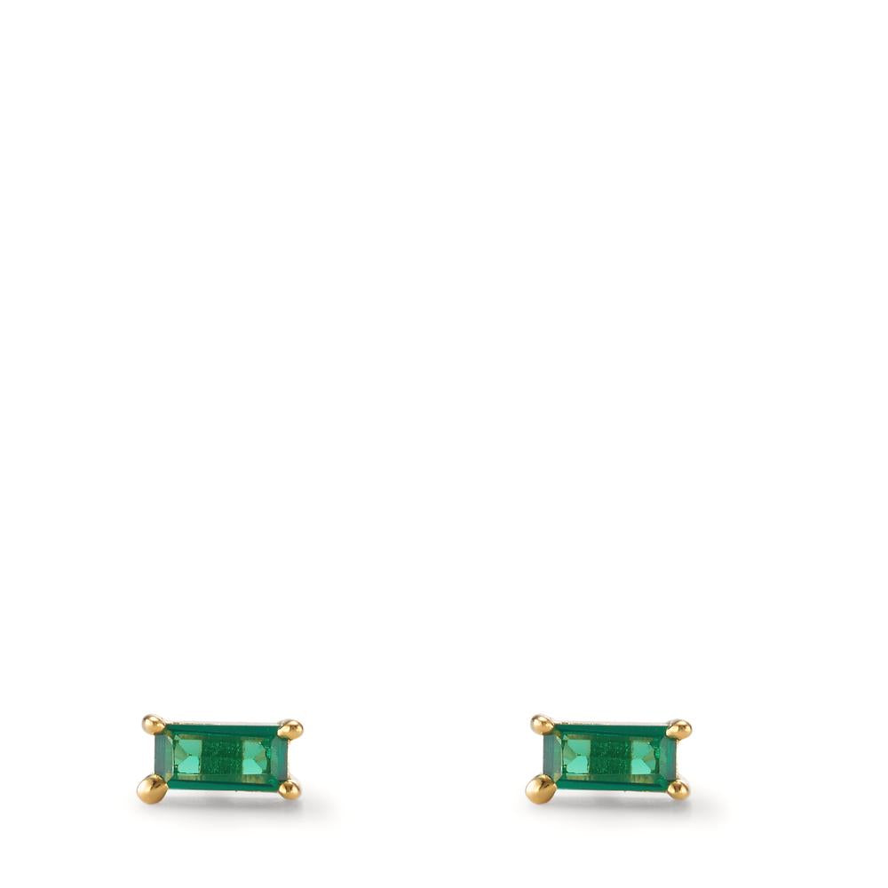 Stud earrings Silver Zirconia Green, 2 Stones Yellow Gold plated