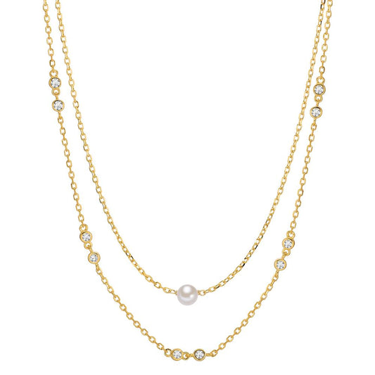 Necklace Silver Zirconia 10 Stones Yellow Gold plated Shining pearls 40-45 cm