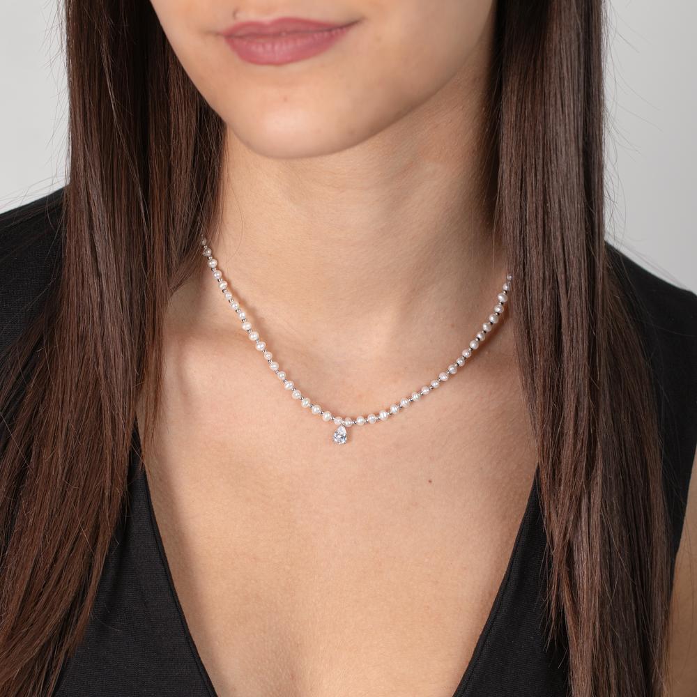 Necklace Silver Zirconia Rhodium plated Freshwater pearl 36-41 cm