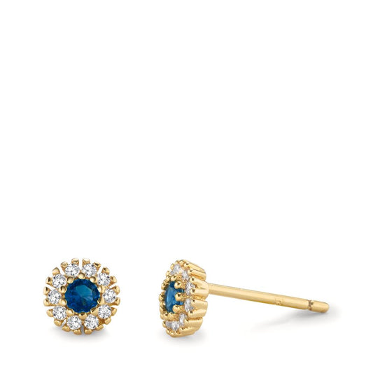 Stud earrings Bronze Zirconia Blue, 22 Stones Yellow Gold plated Ø6 mm