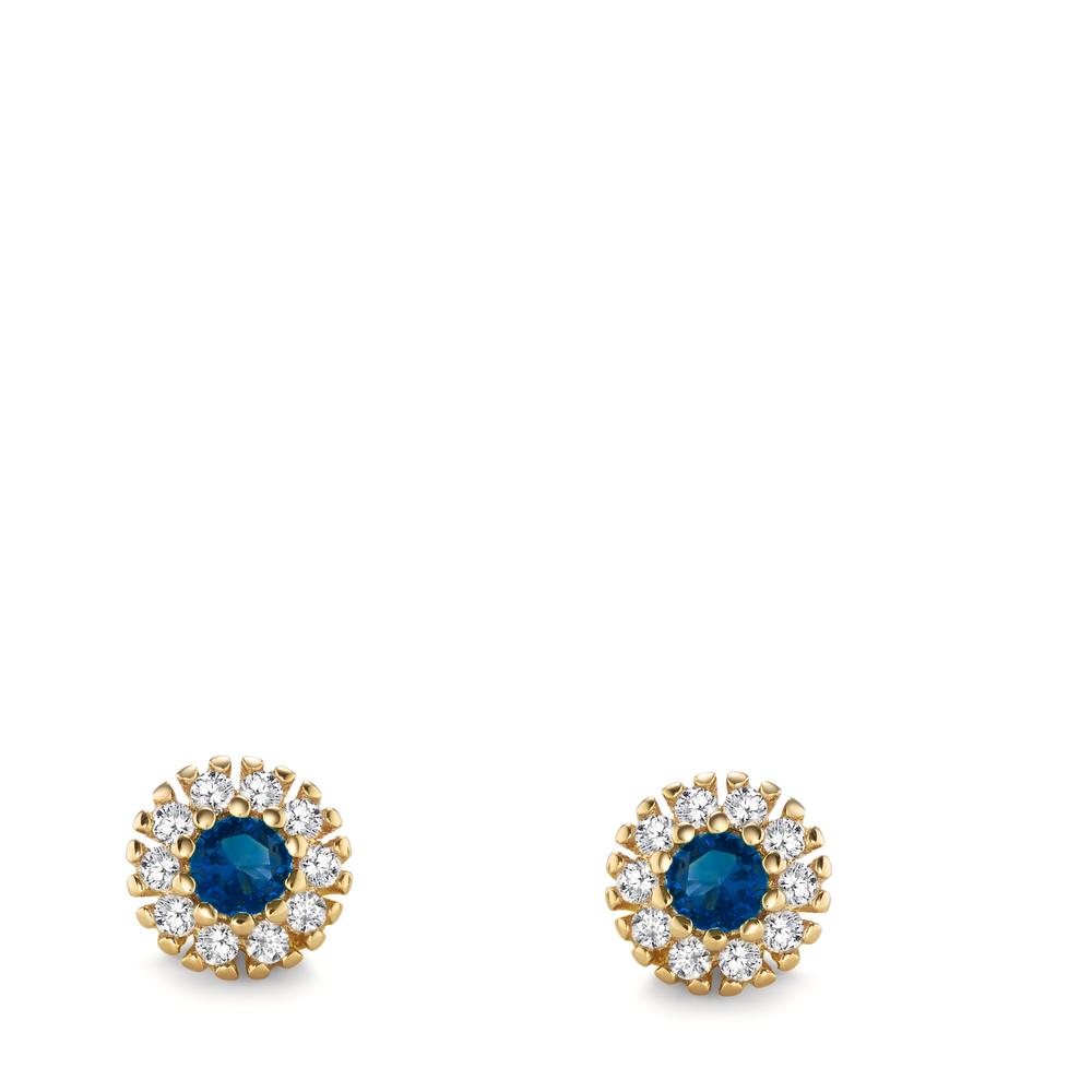 Stud earrings Bronze Zirconia Blue, 22 Stones Yellow Gold plated Ø6 mm