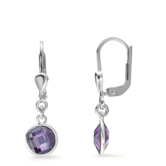 Drop Earrings Silver Zirconia Violet, 2 Stones Ø6 mm