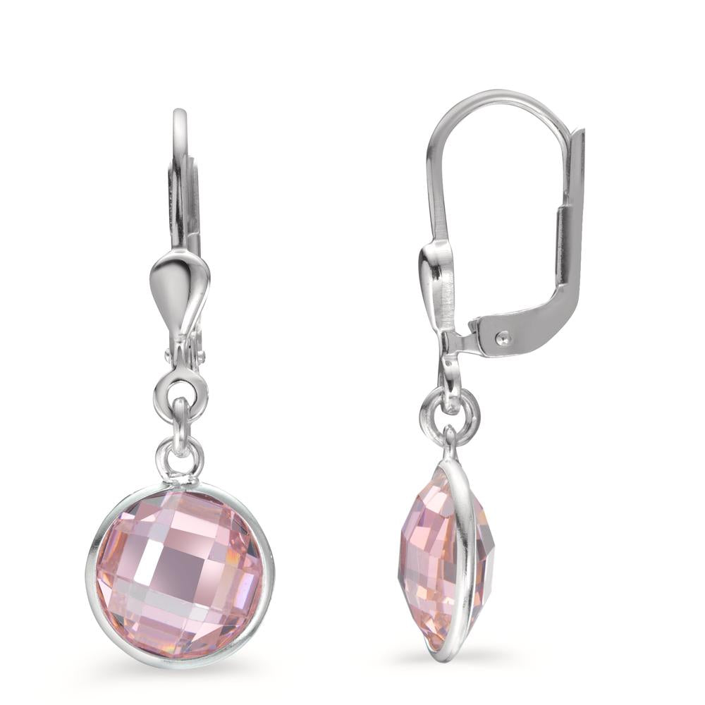 Drop Earrings Silver Zirconia Pink, 2 Stones Ø8 mm