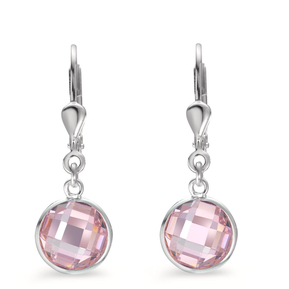 Drop Earrings Silver Zirconia Pink, 2 Stones Ø8 mm