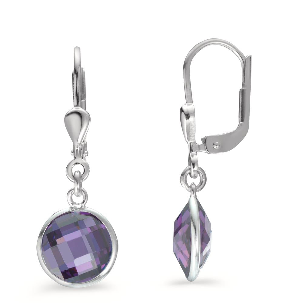 Drop Earrings Silver Zirconia Violet, 2 Stones Ø8 mm