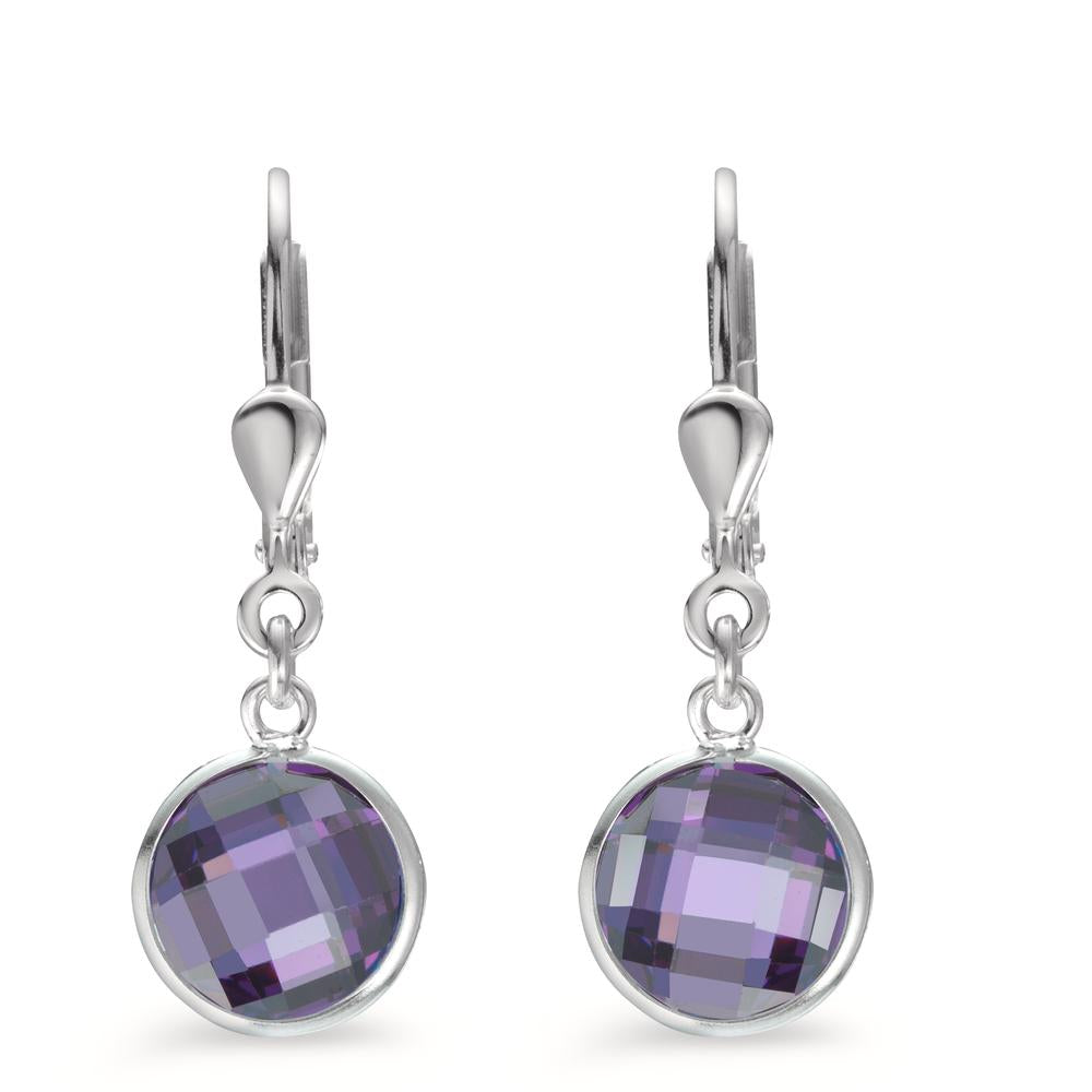 Drop Earrings Silver Zirconia Violet, 2 Stones Ø8 mm