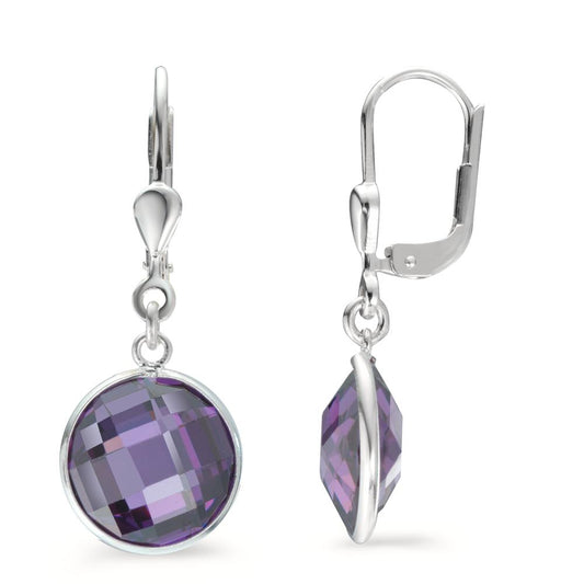 Drop Earrings Silver Zirconia Violet, 2 Stones Ø10 mm