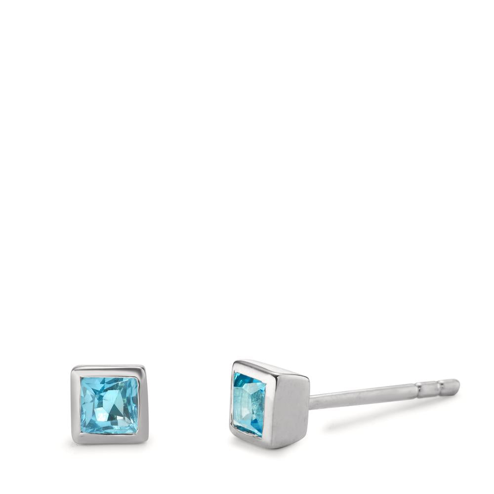 Stud earrings Silver Topaz Blue, 2 Stones Rhodium plated Ø4 mm