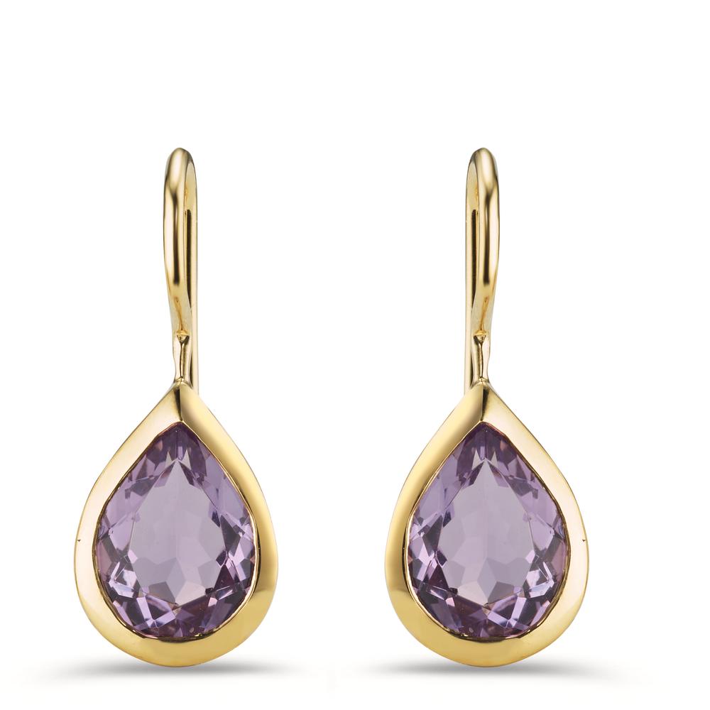 Drop Earrings Silver Amethyst 2 Stones Yellow Gold plated