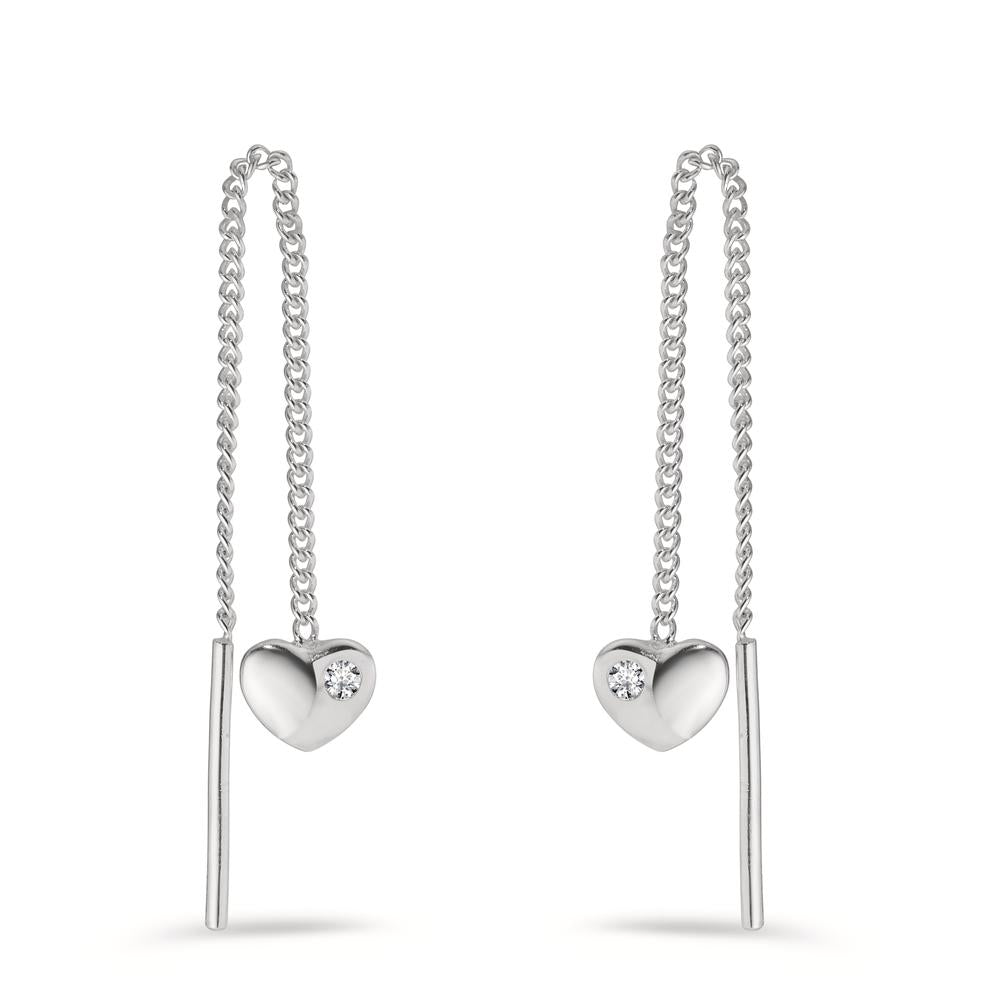 Threader Earrings Silver Zirconia 2 Stones Heart