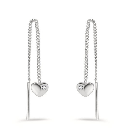 Threader Earrings Silver Zirconia 2 Stones Heart