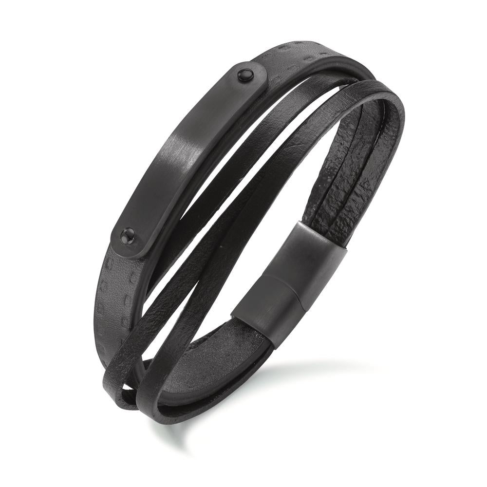 Bracelet Stainless steel, Leather Black IP coated 20.5 cm