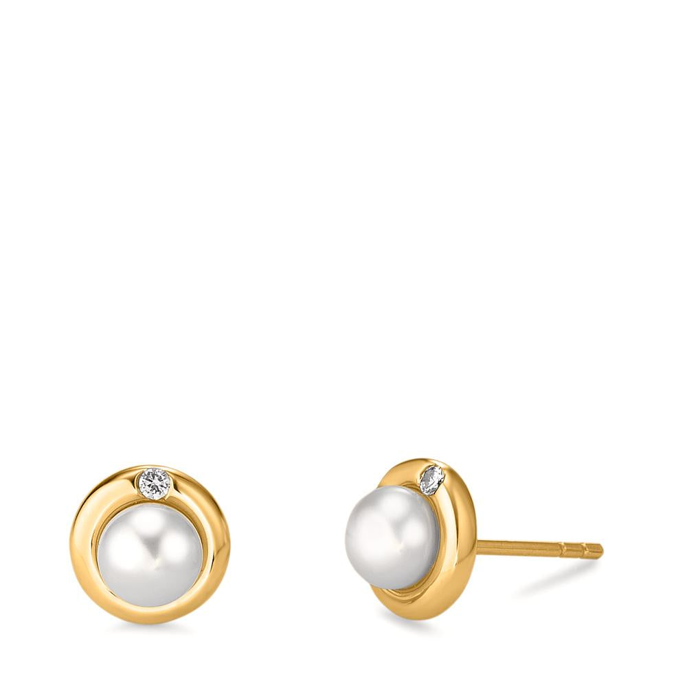 Stud earrings Silver Zirconia 2 Stones Yellow Gold plated Freshwater pearl Ø9 mm