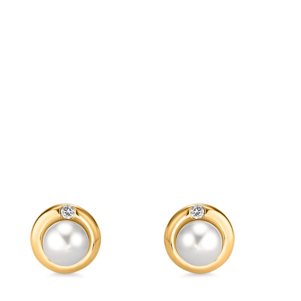 Stud earrings Silver Zirconia 2 Stones Yellow Gold plated Freshwater pearl Ø9 mm