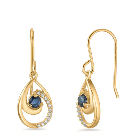 Drop Earrings Silver Sapphire Blue, 2 Stones, Zirconia White, 22 Stones Yellow Gold plated