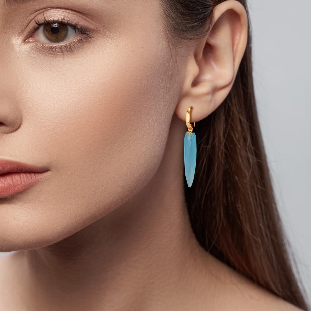 Drop Earrings Silver Chalcedony Aqua, 2 Stones Yellow Gold plated