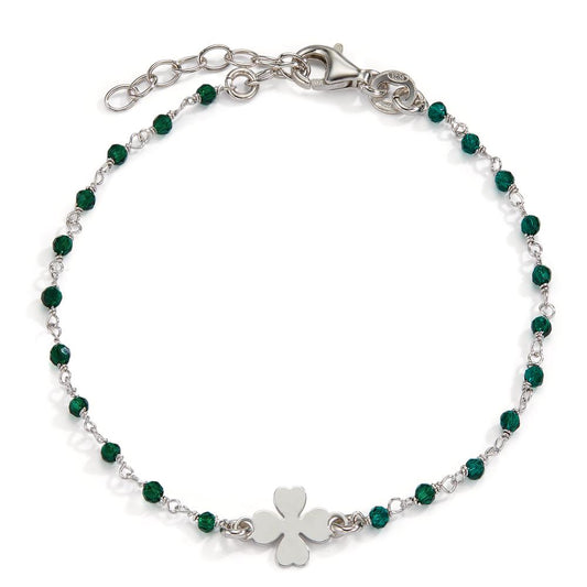 Bracelet Silver Crystal Green, 20 Stones Rhodium plated Cloverleaf 15.5-18.5 cm