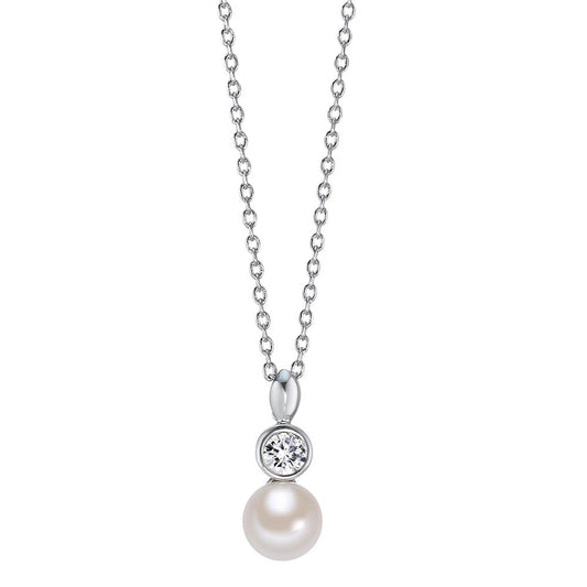 Necklace with pendant Bronze Zirconia Rhodium plated Shining pearls 40 cm