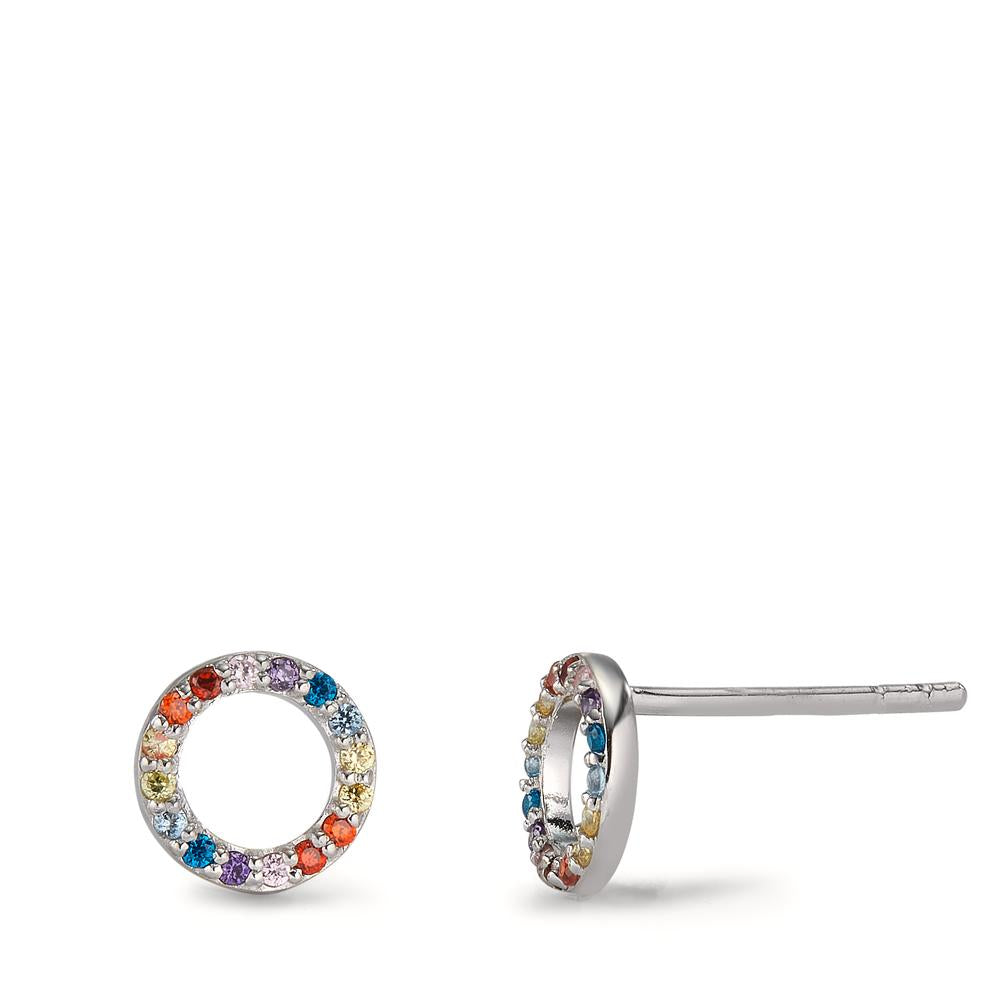 Stud earrings Silver Zirconia Colorful Rhodium plated Ø7.5 mm