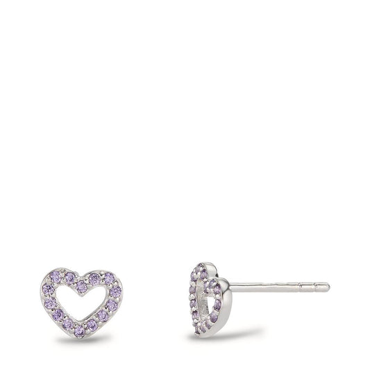 Stud earrings Silver Zirconia Purple Rhodium plated Heart Ø7 mm