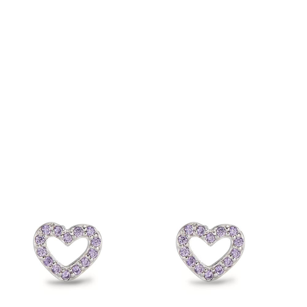 Stud earrings Silver Zirconia Purple Rhodium plated Heart Ø7 mm