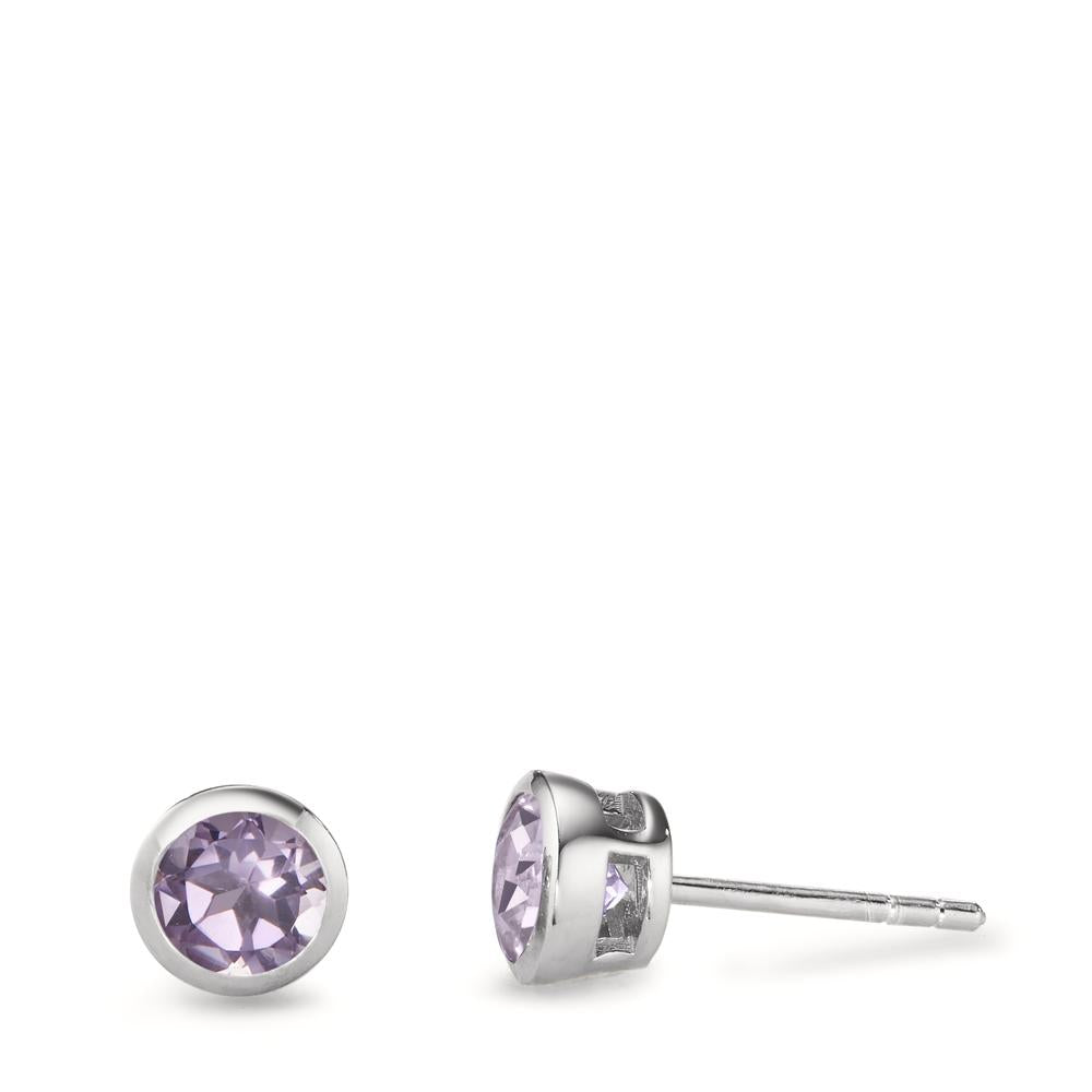 Stud earrings Silver Amethyst 2 Stones Rhodium plated Ø6.5 mm